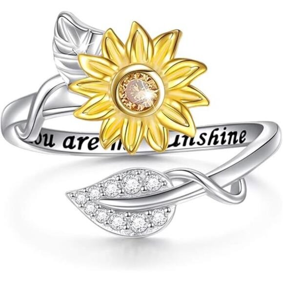 Sunflower Ring Sterling Silver You are My Sunshine CZ Ring 100 Languages - Picture 7 of 7
